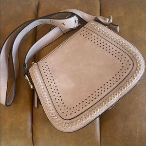 Kate Alex Cuffaro Taupe Blush Perforated Faux Leather Crossbody Saddle Bag Lined